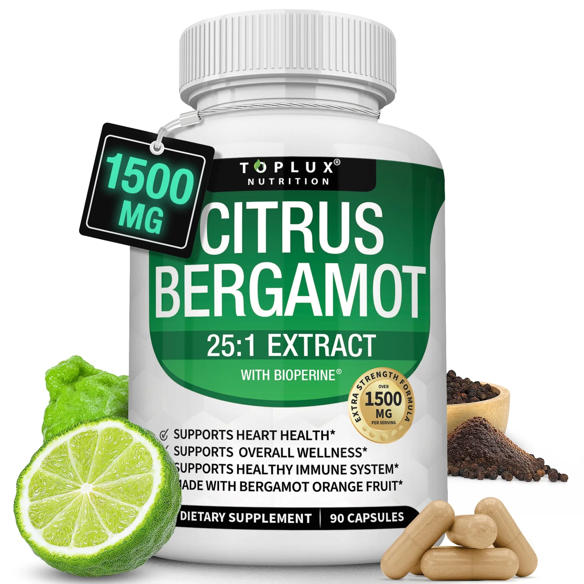 Citrus Bergamot 25:1 Extract with Bioperine 1500Mg Bergamot Extract Cardiovascular & Cholesterol Support 90 Capsules