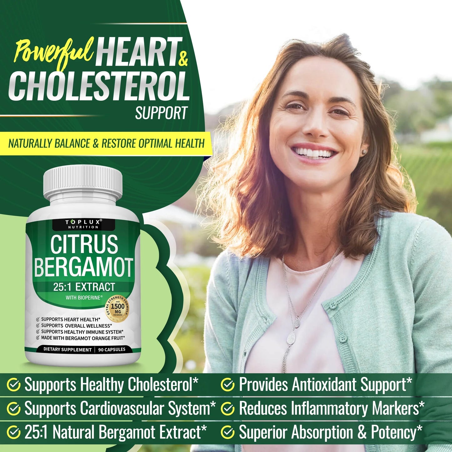 Citrus Bergamot 25:1 Extract with Bioperine 1500Mg Bergamot Extract Cardiovascular & Cholesterol Support 90 Capsules