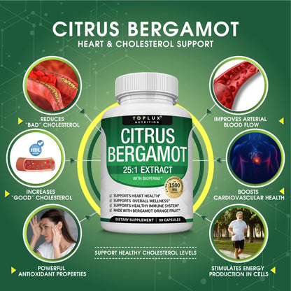 Citrus Bergamot 25:1 Extract with Bioperine 1500Mg Bergamot Extract Cardiovascular & Cholesterol Support 90 Capsules