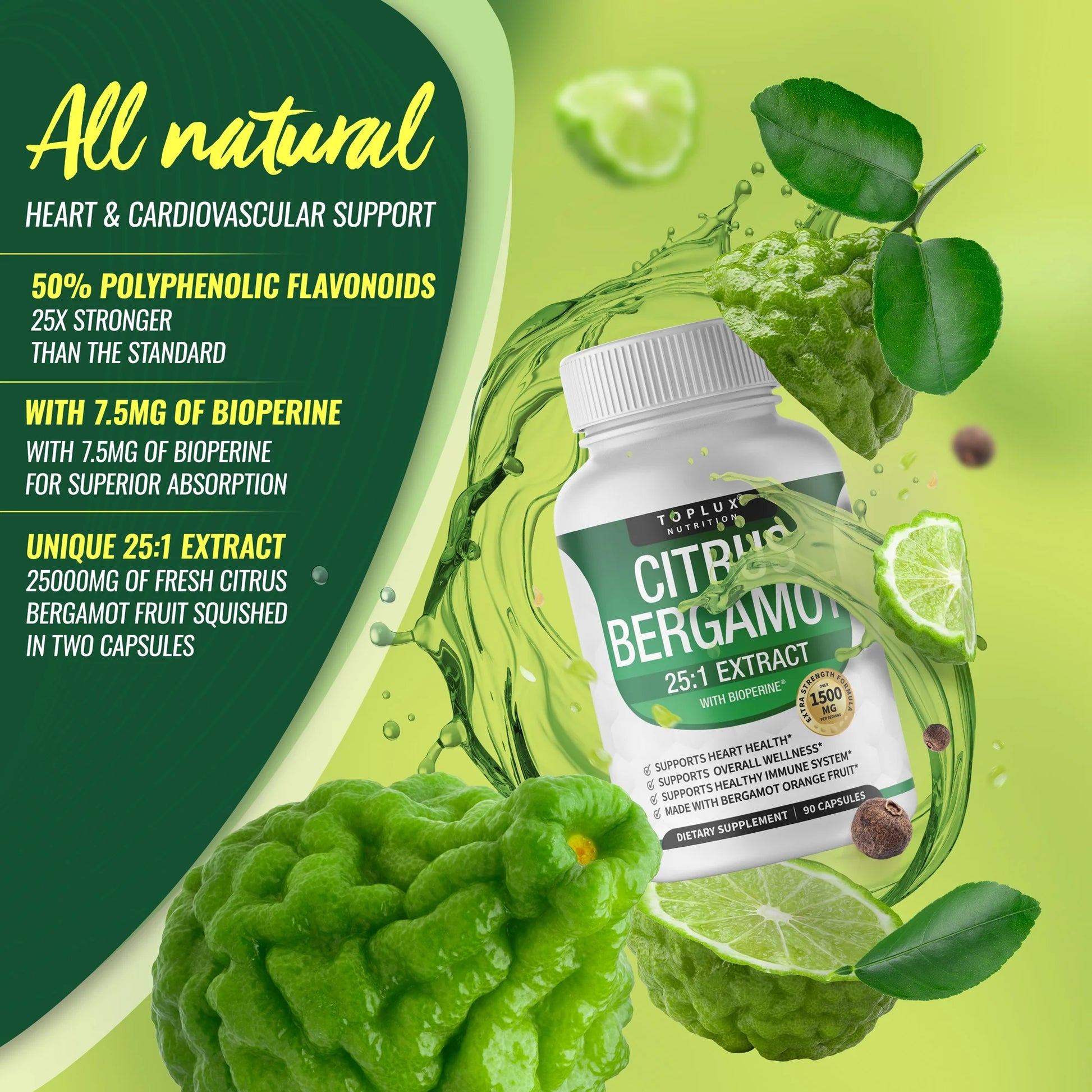Citrus Bergamot 25:1 Extract with Bioperine 1500Mg Bergamot Extract Cardiovascular & Cholesterol Support 90 Capsules